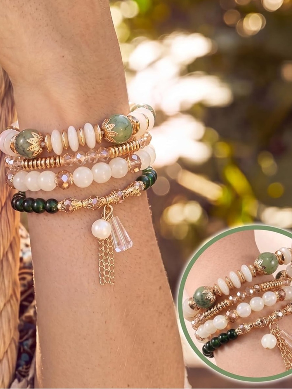 Anthropologie Green, Cream & Gold Layered Beaded Bracelet Set